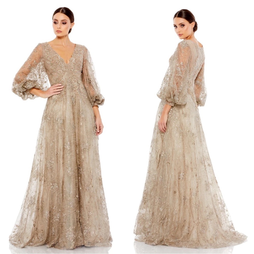 Mac Duggal 20283 Embellished Plunge Neck Puff Sleeve A-Line Gown Size 8 Mocha